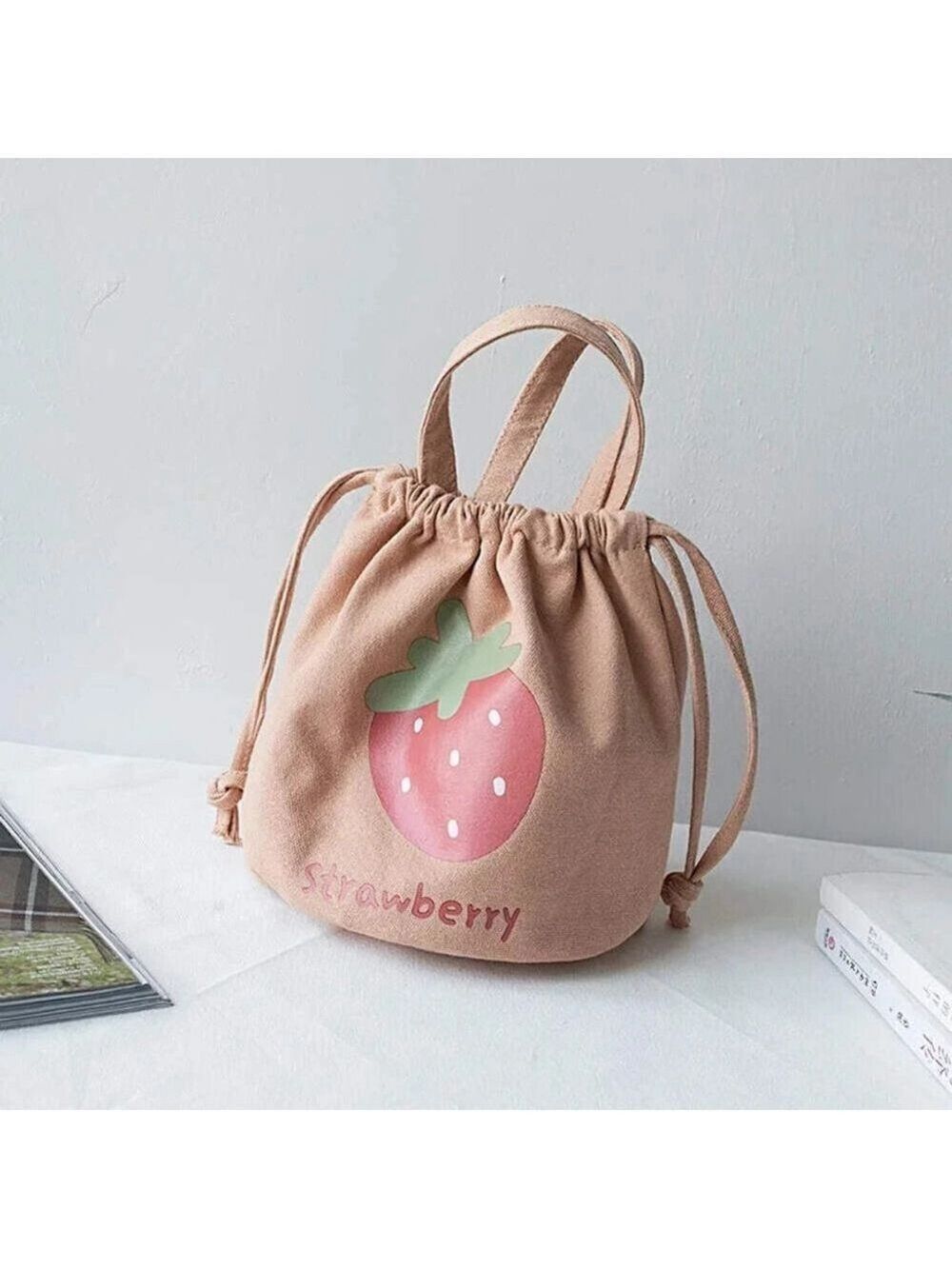 Strawberry Canvas Drawstring Lunch Bag Tote in Pink